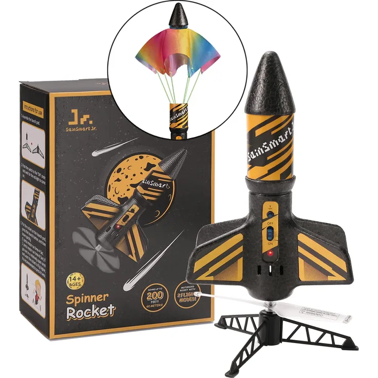 SainSmart Jr. Rakete Spielzeug – Motorisierte Rakete mit Fallschirm, Start bis zu 61 Meter, Outdoor-Spielzeug für Kinder im Alter von 8–12 Jahren, Schwarz