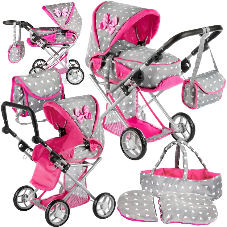 Kinderplay Puppenwagen ab 2 Jahre - Spielzeug ab 2 Jahre Mädchen, Puppenwagen mit Herausnehmbarer Tragetasche und Umhängetasche, Höhenverstellbar von 33 bis 62 cm, KP0200S