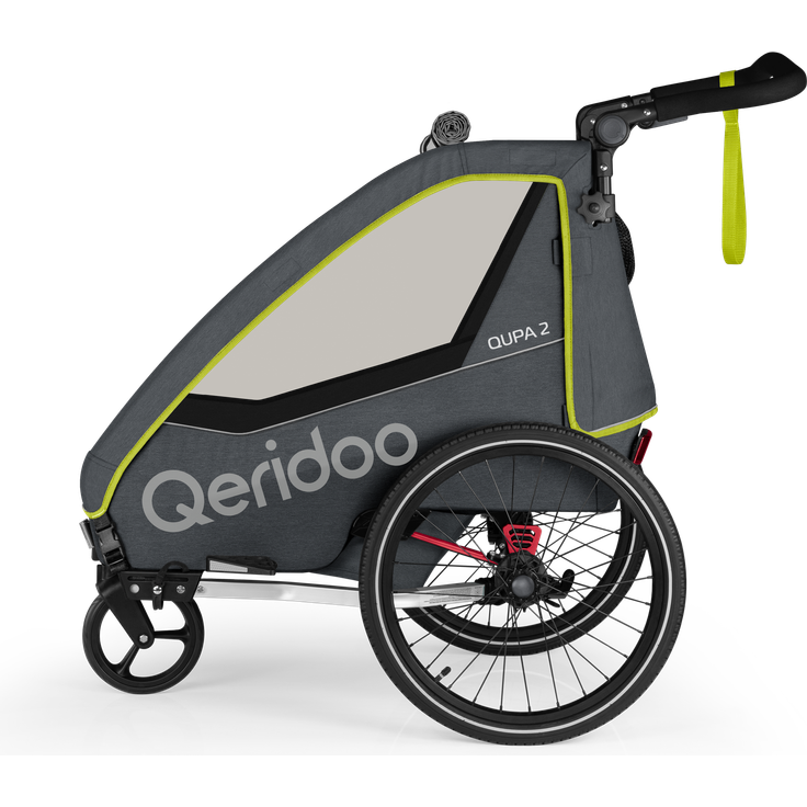 Qeridoo 'QUPA 2' Fahrradanhänger Lime 2023, 2-Sitzer mit Blattfeder-Dämpfsystem