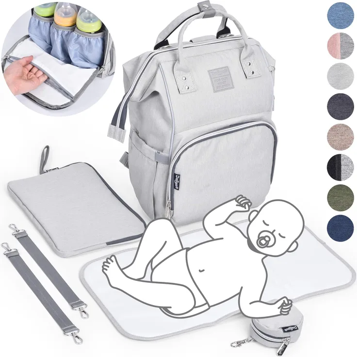 Daliya® PAKMI Wickelrucksack mit Schnullertasche & Wickelunterlage & Wickelunterlagentasche & Schlüsselanhänger - Wickeltasche Mamabag Tasche Rucksack mit viel Stauraum - Grau
