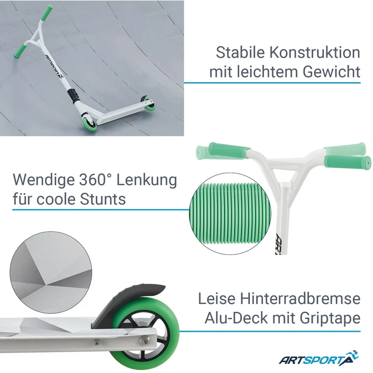 ArtSport 24633 'Stunt Scooter Futuristic', ab 6 Jahren, 360° Lenker, 100 mm Alu Räder, max. belastbar bis 100 kg, weiß/mintgrün/grau – Bild 7