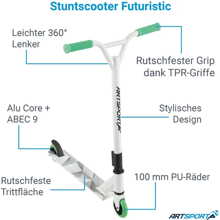 ArtSport 24633 'Stunt Scooter Futuristic', ab 6 Jahren, 360° Lenker, 100 mm Alu Räder, max. belastbar bis 100 kg, weiß/mintgrün/grau – Bild 6