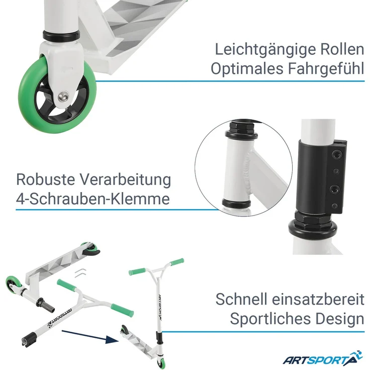 ArtSport 24633 'Stunt Scooter Futuristic', ab 6 Jahren, 360° Lenker, 100 mm Alu Räder, max. belastbar bis 100 kg, weiß/mintgrün/grau – Bild 8