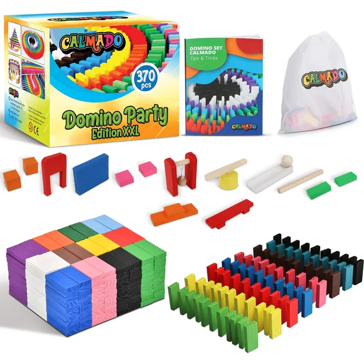 calmado - 370 teilig Domino Steine aus Holz Domino Party Edition XXL im Set + Tasche + Anleitung + Accessoires