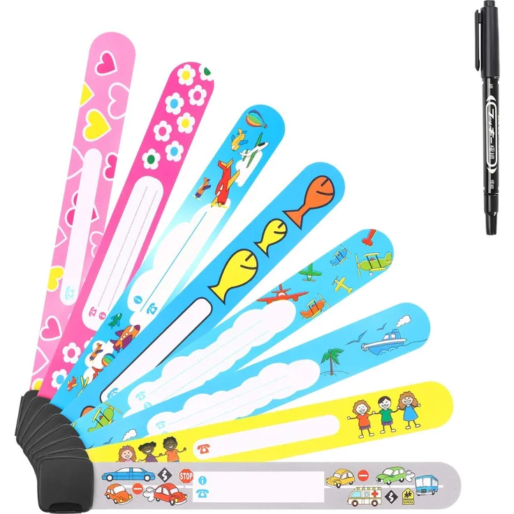 Vicloon Notfall-Armband für Kinder & Marker, 8 Stück Sicherheits ID Armband + Marker Anti verloren Notfallarmband Wasserdichtes Wiederverwendbares für Jungen Mädchen Kleinkind Baby