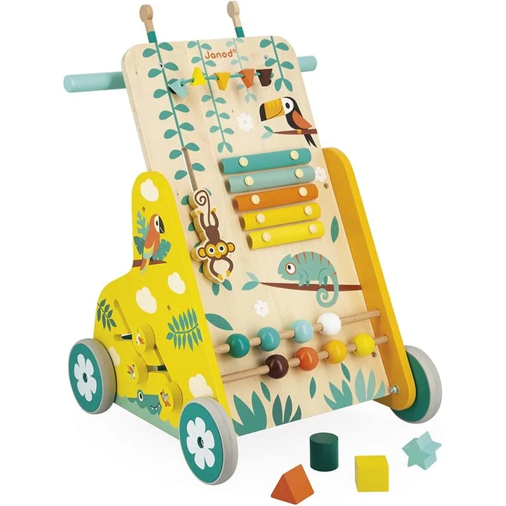 Janod - Multi-Aktivitätswagen Tropik - Laufwagen aus Holz - Lernspielzeug mit 6 Aktivitäten - Leise Räder und Feststellschraube - FSC-zertifiziert - Wasserfarbe - Ab 1 Jahr, J08269