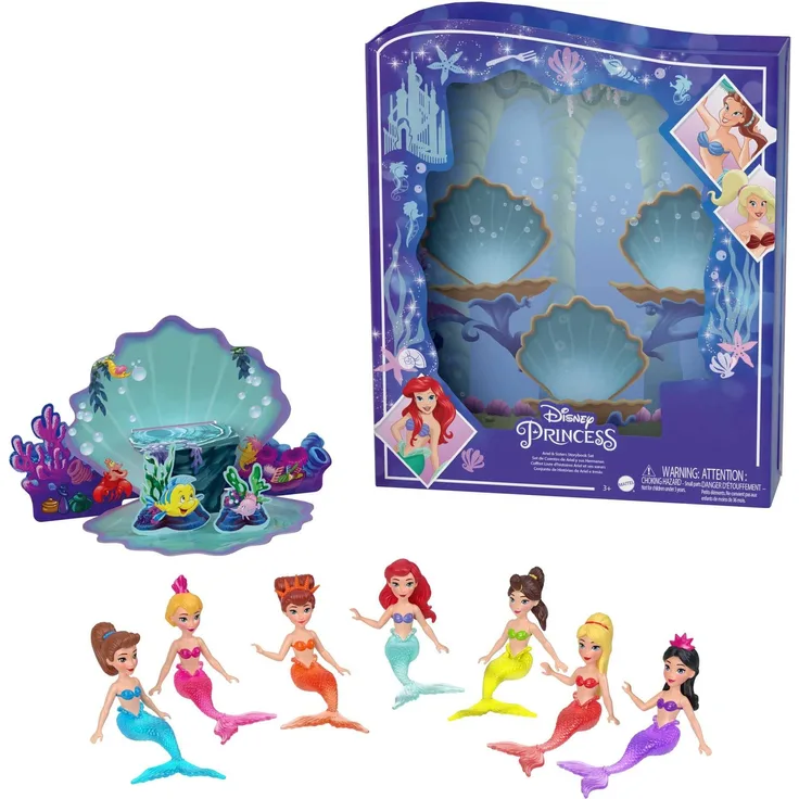 Disney Princess-Spielzeug, Arielle Geschichtenpack mit 7 Meerjungfrauenpuppen, kleine Puppen, Figuren und Accessoires, inspiriert von Disneys Arielle, die kleine Meerjungfrau“ - HLW96