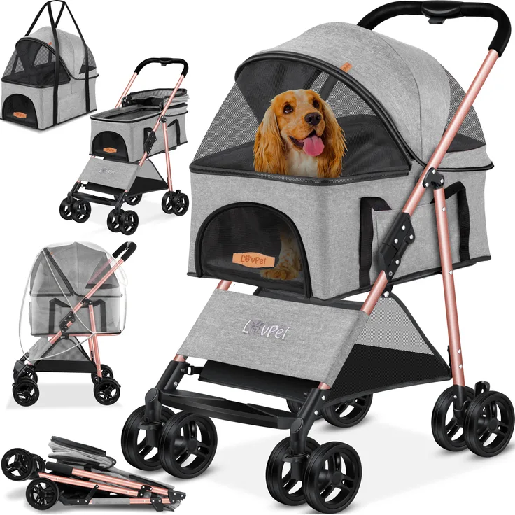 LOVPET® Hundewagen 2in1 Hundebuggy Hundebox Transporttasche, faltbar, klappbar, max. belastbar bis 20 kg, mit Netzfenstern, Regenschutzabdeckung, Hellgrau - Preisvergleich