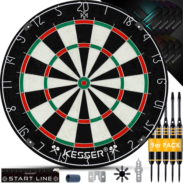 KESSER® Dartscheibe kork mit 9 Dartpfeile Professional Dartboard + 21 Pro Flights + Zubehör Steeldart Offizielles Dartscheibe 9 Pfeilen Metallspitze Profi Steeldartscheibe - Dartboard inkl. Montageset Classic