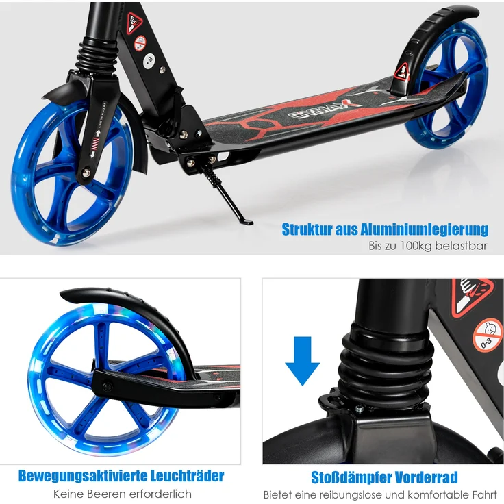 COSTWAY Cityroller mit Leuchten Scooter Roller höhenverstellbar bis 100kg belastbar inkl. Traggurt klappbar – Bild 3
