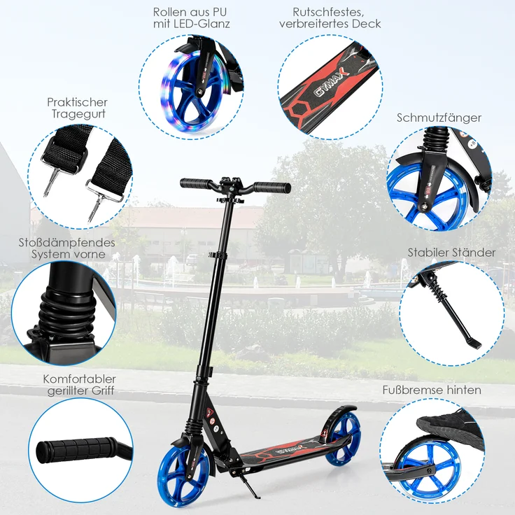 COSTWAY Cityroller mit Leuchten Scooter Roller höhenverstellbar bis 100kg belastbar inkl. Traggurt klappbar – Bild 4