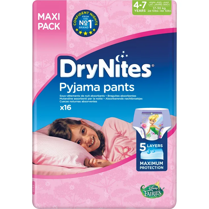 Huggies - Dry Nites Pyjama Unterhosen Mädchen Jumbo Monatspackung, 4-7 Jahre (64 Stück)