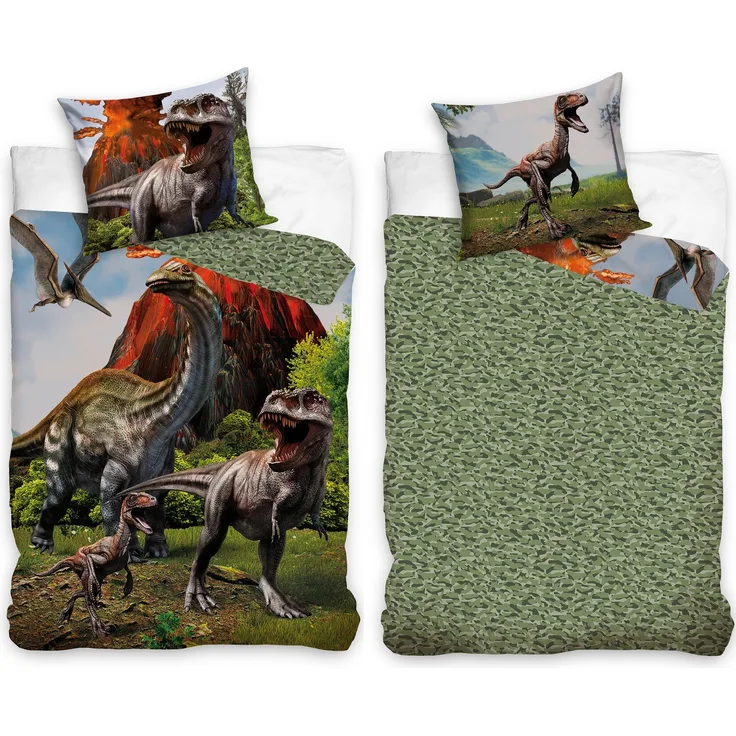 Dinosaurier Kinderbettwäsche Set für Jungen 135x200 80x80 cm mit Dinos T-Rex, Triceratops u. a. aus 100% Baumwolle