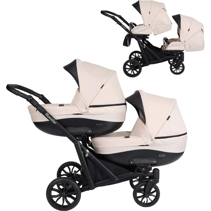 KUNERT BOOSTER 2in1 Kinderwagen Komplettset Zwillingskinderwagen Babywagen 2 in 1 Kombikinderwagen Komplettset Geschwisterwagen Kinder Wagen set Zwillingsbuggy Doppelkinderwagen (Creme, 2 in 1)