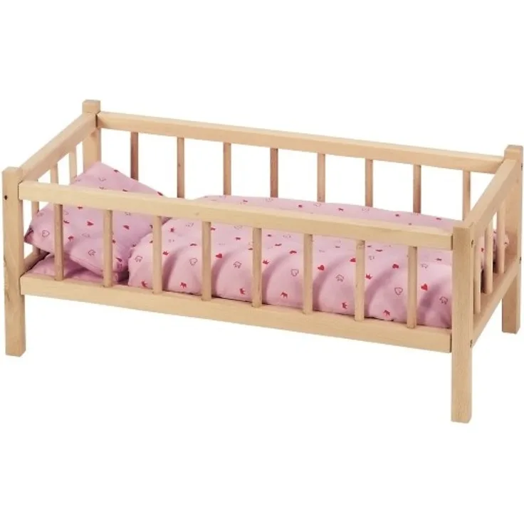 Puppenbett aus Buchenholz ohne Dekoration. Maße: 25cm hoch, 60cm lang