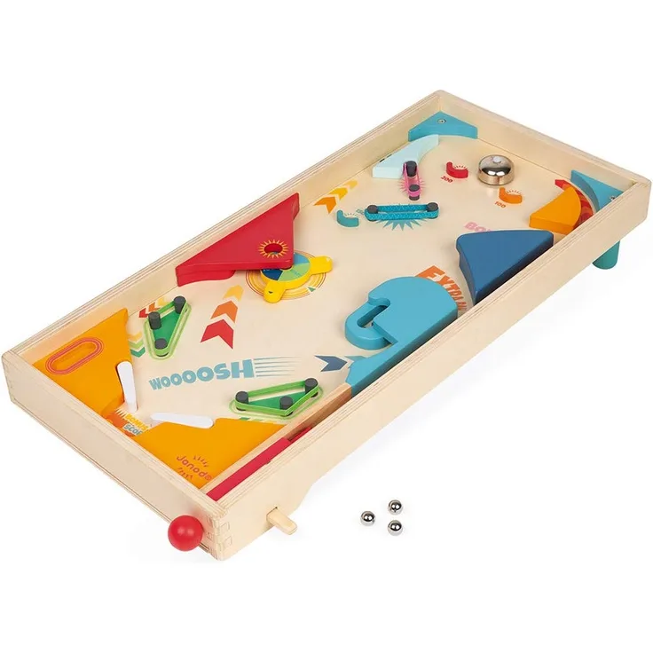 Janod - Retro-Flipper aus Holz - Gesellschaftsspiele Kind - Geschicklichkeitsspiel Fördert strategisches Denken und Konzentration - FSC-zertifiziert - Ab 5 Jahren, J02088
