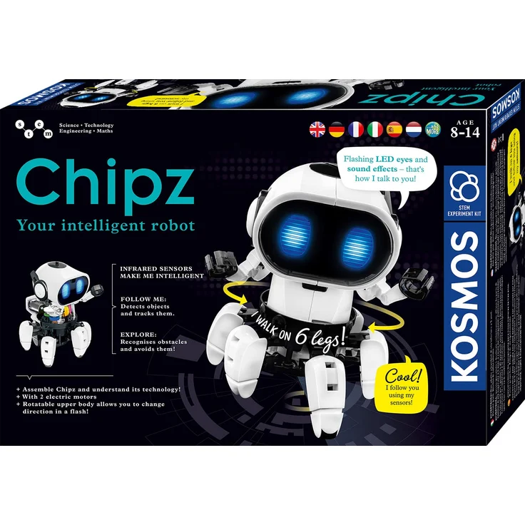 KOSMOS 617127 Chipz - Dein intelligenter Roboter, mit mehrsprachiger Anleitung, für Kinder ab 8 - 14 Jahre, folgt Bewegungen, weicht Hindernissen aus, Licht- und Soundeffekte, Roboter-Spielzeug – Bild 1