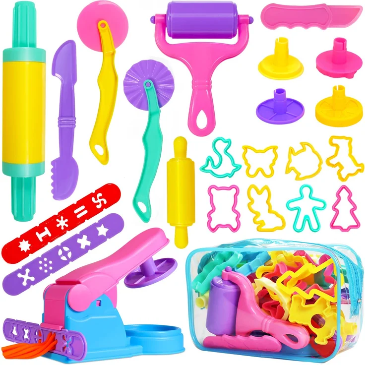 Jiosdo Knetwerkzeug, 22 Stück Knete Zubehör Kinder Plastilin Werkzeuge, Knete Ausstechformen Extruder Modellierwerkzeug Knete Dough Set, Geschenk für Kinder Jungen Mädchen (mit Aufbewahrungstasche) – Bild 1