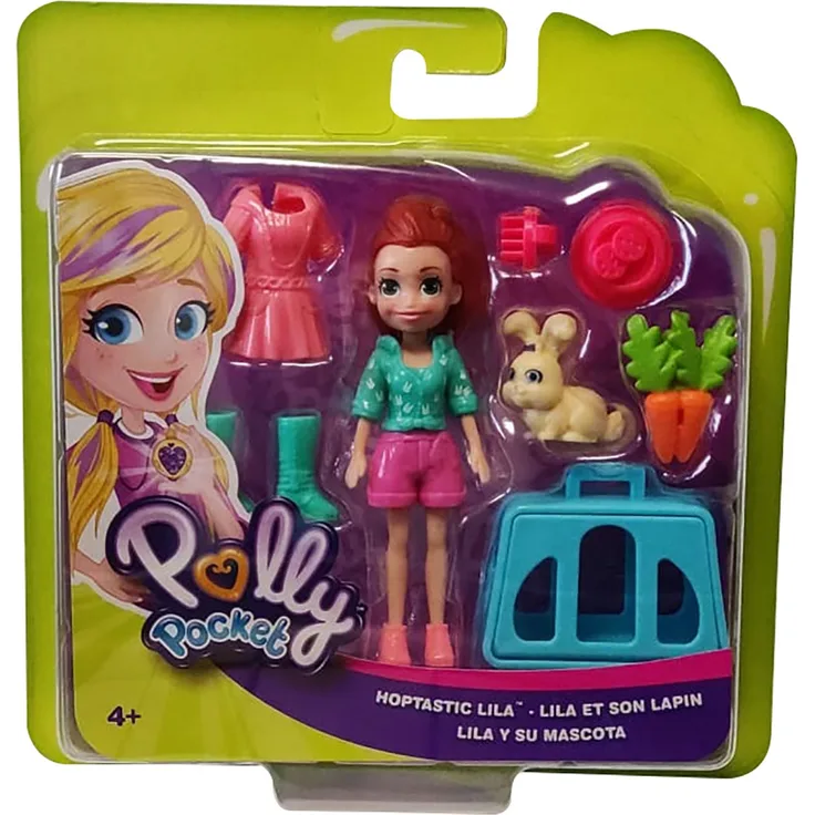 Mattel GDM11 Polly Pocket Figur LILA mit pinker Hose und tÃ¼rkisem Shirt, mit Hasen und viel ZubehÃ¶r