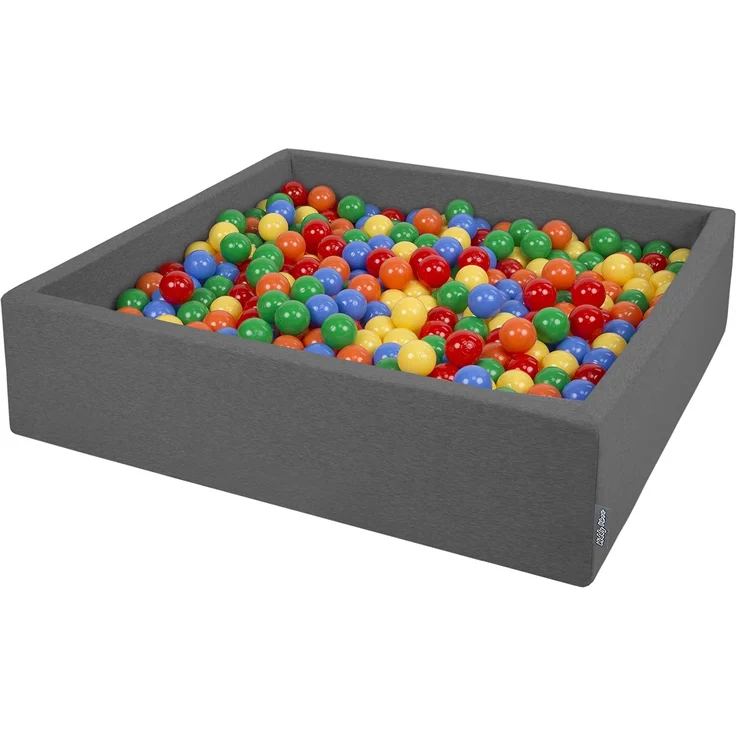 KiddyMoon Quadrat Bällebad Bällepool 120X30cm/1000 Bälle ∅ 7Cm Eckig Ballgruben Für Babys Spielbad Kleinkinder, Hergestellt In EU, Dunkelgrau:Gelb-Grün-Blau-Rot-Orange