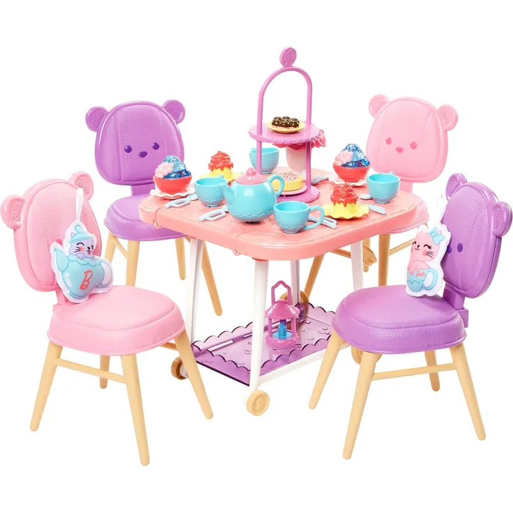 Barbie – Teeparty Spielset für Kindergartenalter, My First Teeparty Spielset mit 18 Zubehörteilen, Zwei Plüschgegenstände und Servierwagen, Set ab 3 Jahren+, HMM65