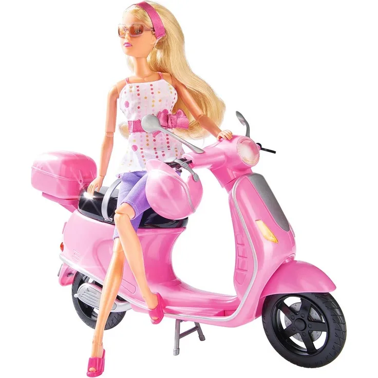 Simba 105730282 - Steffi Love Chic City Scooter, Steffi mit pinkfarbenem Roller, mit Helm und Helmfach, Ankleidepuppe, 29cm, für Kinder ab 3 Jahren