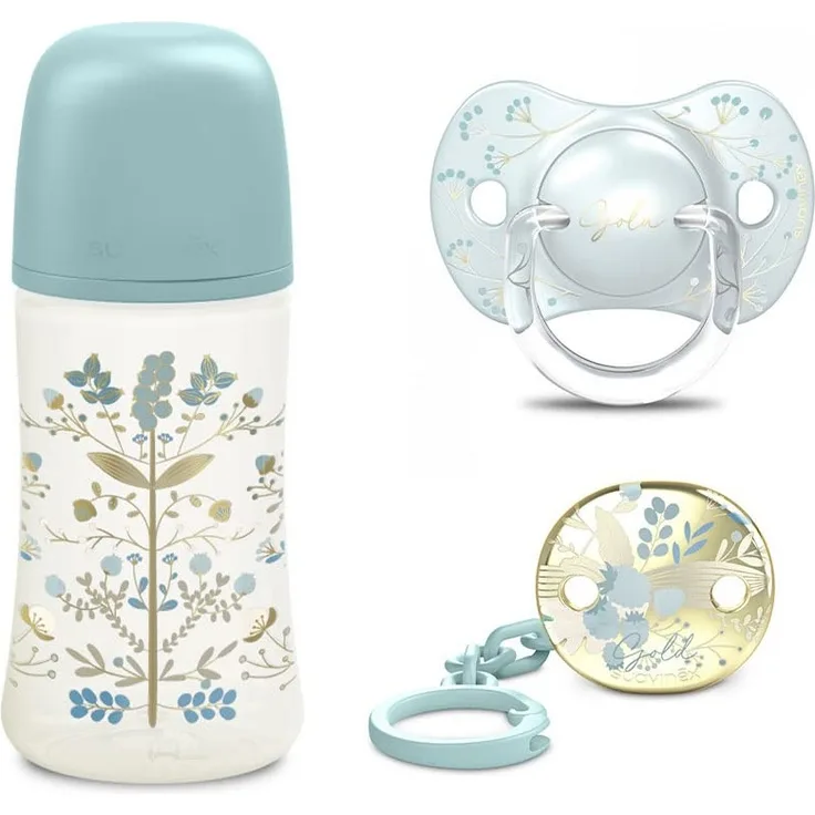 Suavinex Gold Edition Geschenkset, Flasche 270 ml, Schnuller 0-6 M und Clip, hellblau