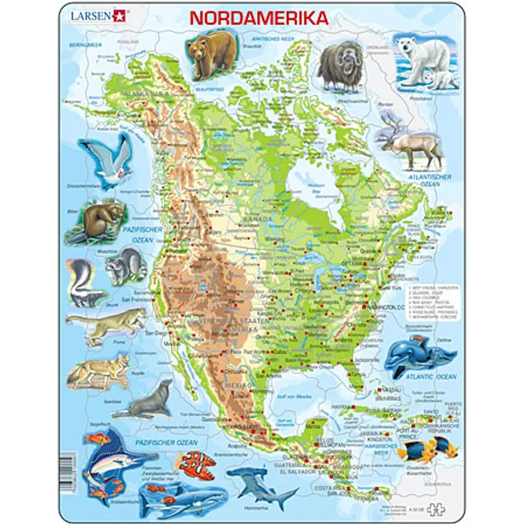 Larsen Puzzle Lernkarte - Nordamerika mit Tieren (physisch)