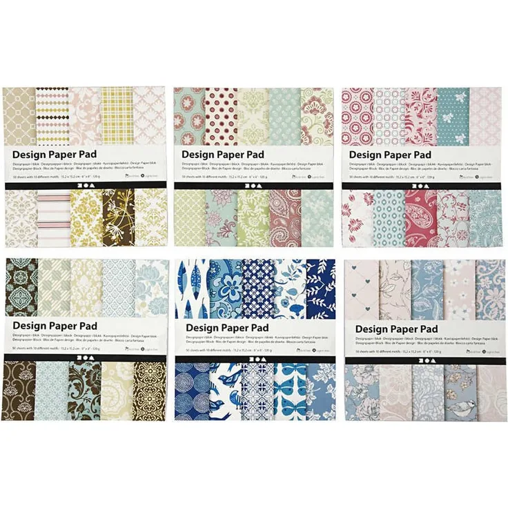 Design-Papier im Block - Sortiment, Blatt 15,2x15,2 cm, 120 g, 6x50Bl.