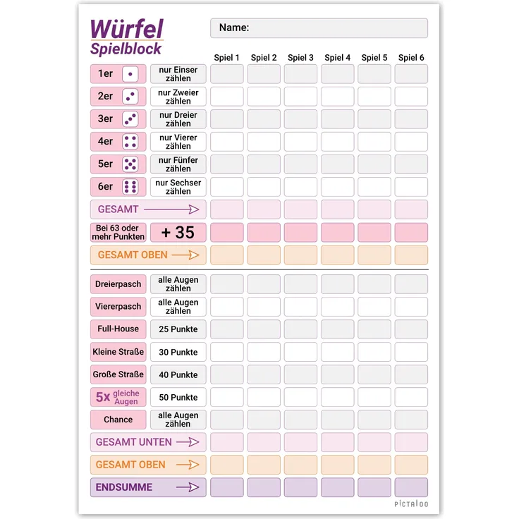 Würfelspiel Block DIN A5 in rosa lila, gut lesbar und übersichtlich gestaltet, moderner Ersatzblock, Spielblock groß, auch für Senioren und Kinder geeignet, Würfel Spiel Set, Familienspiel (1x)