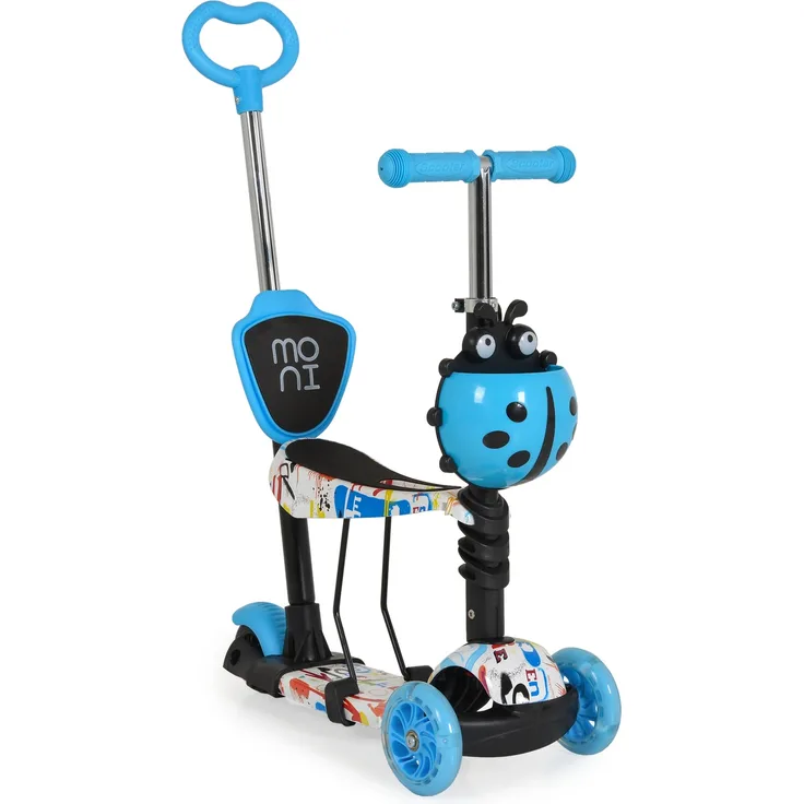 Moni Kinderroller Lollipop 3 in 1 Schiebestange, Sitz, PU-Vorderräder mit LED blau