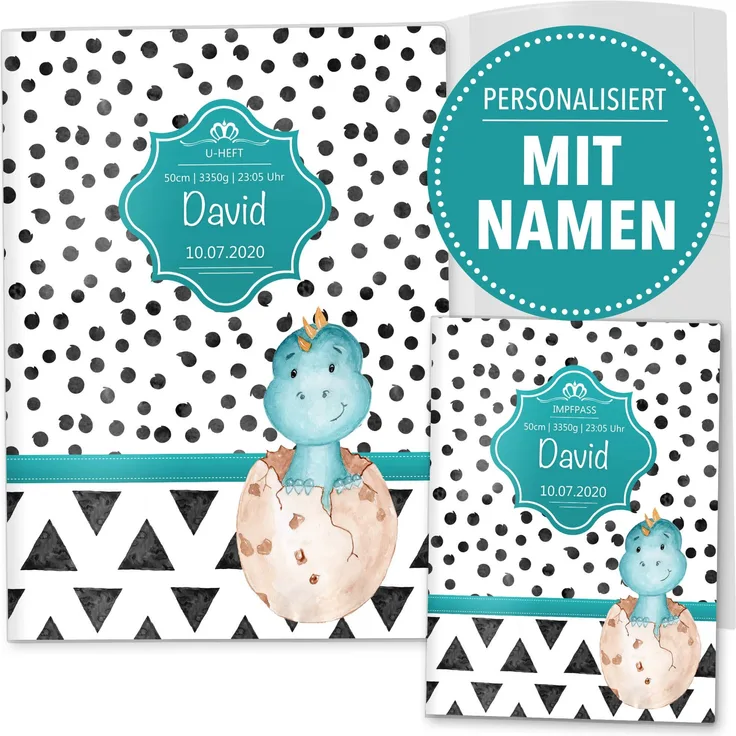 OLGS U-Heft- und Impfpasshüllen 3-teilig Set Creative Royal Dinosaurier | Untersuchungsheft Hülle & Impfpasshülle personalisierbar mit Namen (U-Heft Set 3-teilig personalisiert, Dino)
