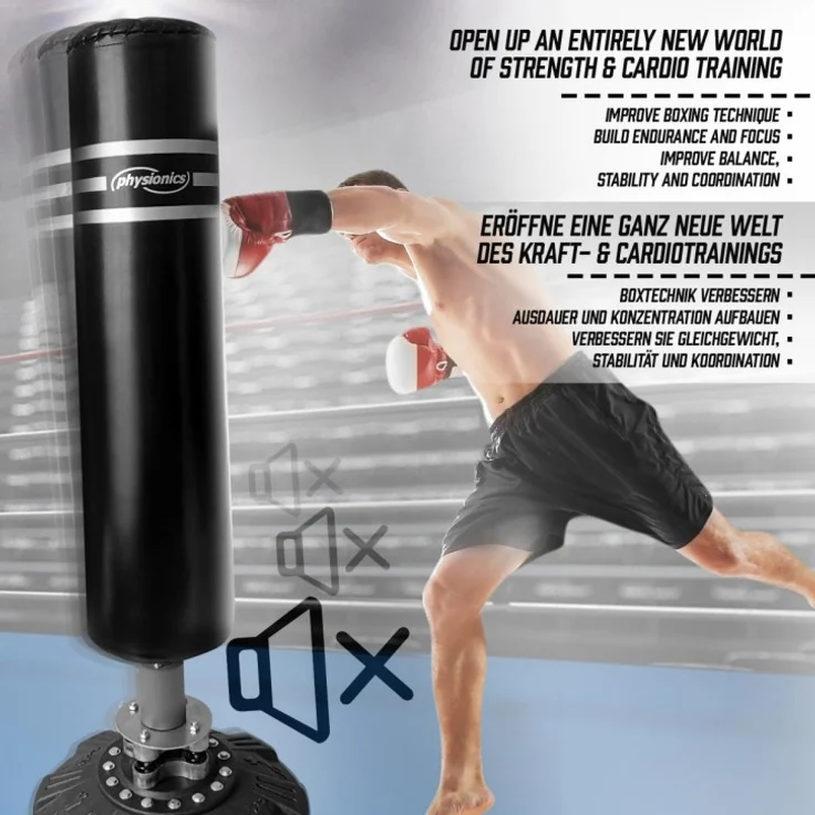 Physionics® Boxsack Stehend - Freistehend, Gefüllt, 175 cm, für Erwachsene/Jugendliche, Muay Thai/MMA/Kickboxen, mit Saugfuß, Schwarz - Standboxsack, Kickboxsack, Punchingsack, Boxdummy, Boxpartner – Bild 4