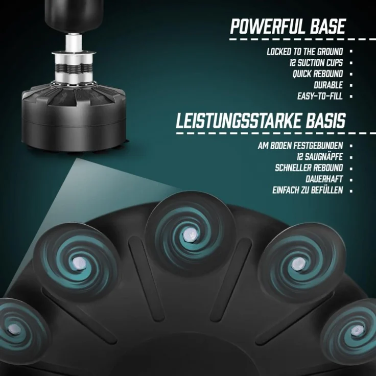 Physionics® Boxsack Stehend - Freistehend, Gefüllt, 175 cm, für Erwachsene/Jugendliche, Muay Thai/MMA/Kickboxen, mit Saugfuß, Schwarz - Standboxsack, Kickboxsack, Punchingsack, Boxdummy, Boxpartner – Bild 5