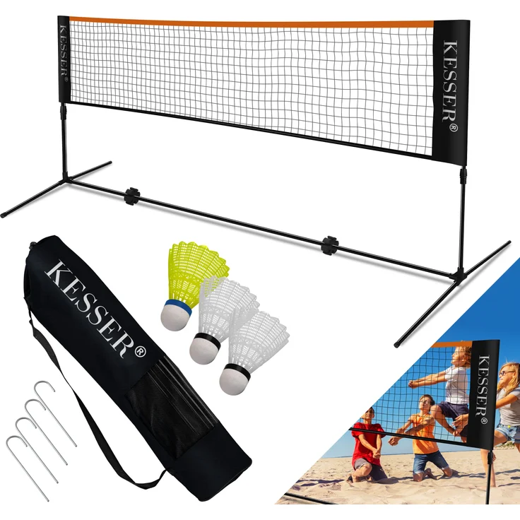 KESSER Badmintonnetz, 3-Fach-Höhenverstellbar, Set bestehend aus Netz, 3x Federball, stabilem Eisen-Gestell, Transporttasche, Indoor & Outdoor, Schwarz, 300cm – Bild 1