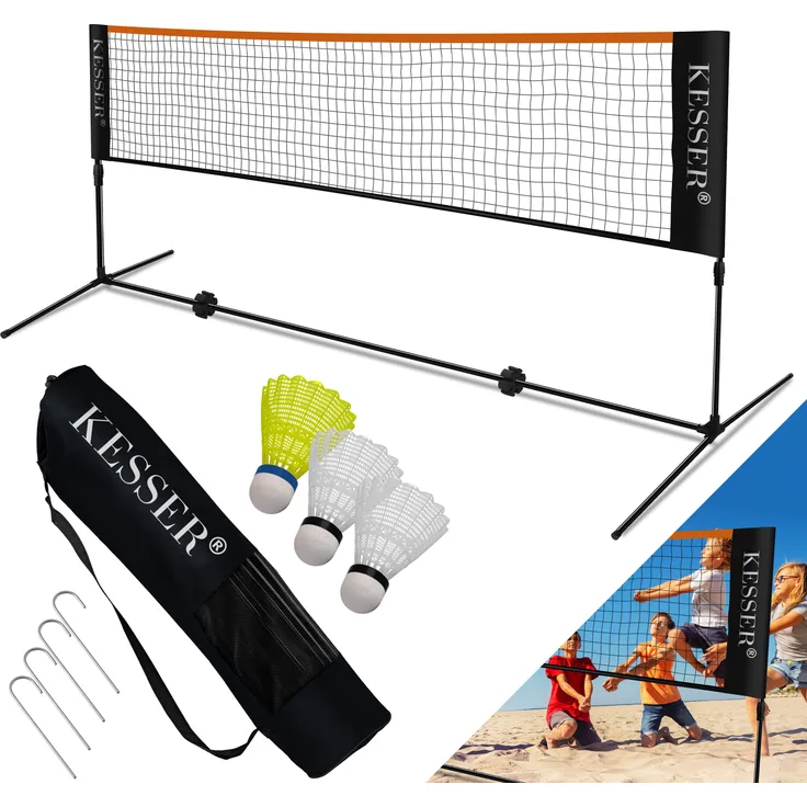 KESSER Badmintonnetz, 3-Fach-Höhenverstellbar, Set bestehend aus Netz, 3x Federball, stabilem Eisen-Gestell, Transporttasche, Indoor & Outdoor, Schwarz, 300cm