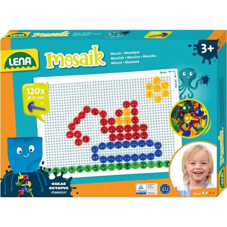 Lena 35627 - Mosaik Steckspiel Set, Steckmosaik mit 120 transparente Stecker, Mosaikstecker Ø 15 mm, Mosaikspiel für Kinder ab 3 Jahre, Komplettset mit Steckplatte ca. 28 x 19,5 cm und Organizer – Bild 1