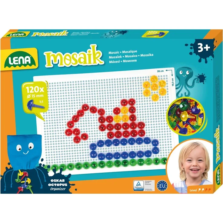 Lena 35627 - Mosaik Steckspiel Set, Steckmosaik mit 120 transparente Stecker, Mosaikstecker Ø 15 mm, Mosaikspiel für Kinder ab 3 Jahre, Komplettset mit Steckplatte ca. 28 x 19,5 cm und Organizer