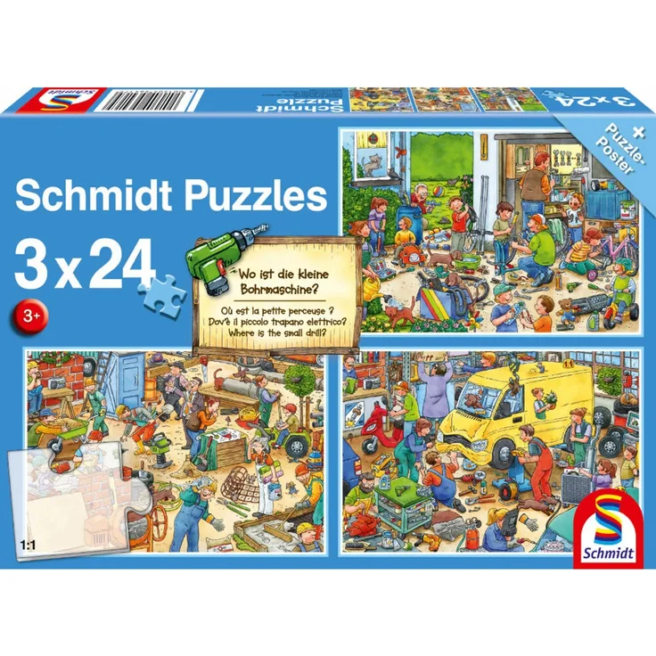 Schmidt Spiele 56417 Puzzle Wo ist die kleine Bohrmaschine? 3 x 24 Teile