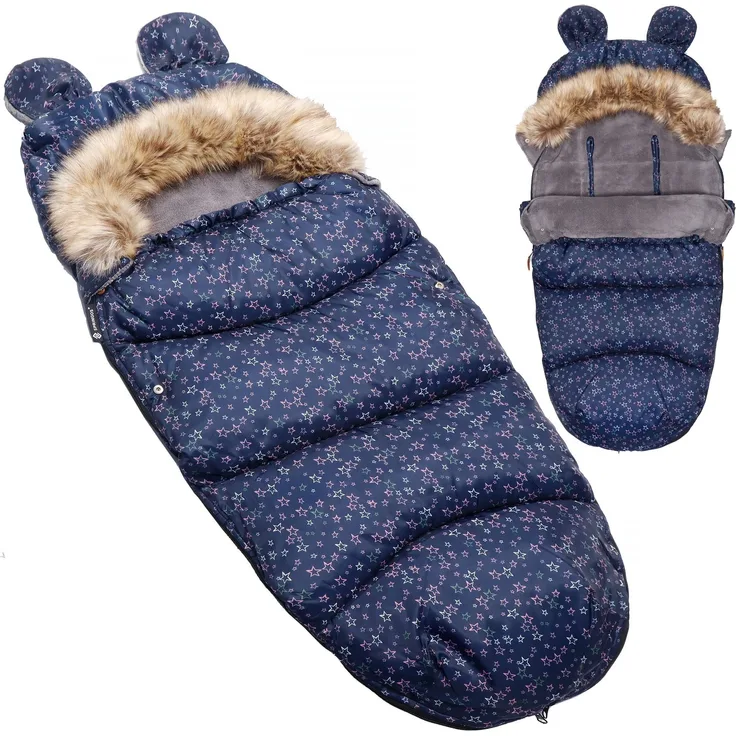 SPRINGOS Fußsack Winter Babyschlafsack mit lustigen Ohren für Kinderwagen 45 x 90 cm Schlitten Kapuze mit Kunstfell Gurtschlitze Sterne