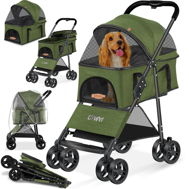 LOVPET® Hundewagen 2in1 Hundebuggy Hundebox Transporttasche Faltbar klappbar bis 20 kg Haustiere Buggy mit Netzfenstern & Regenschutzabdeckung Jogger Katzenbuggy für kleine Hunde Katzen Khaki - Preisvergleich – Bild 2