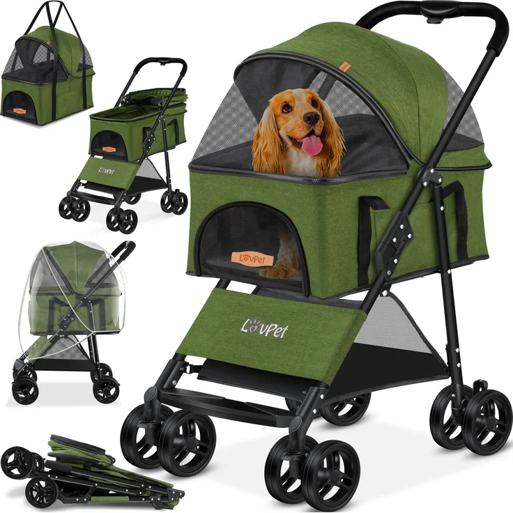 LOVPET® Hundewagen 2in1 Hundebuggy Hundebox Transporttasche Faltbar klappbar bis 20 kg Haustiere Buggy mit Netzfenstern & Regenschutzabdeckung Jogger Katzenbuggy für kleine Hunde Katzen Khaki - Preisvergleich – Bild 1