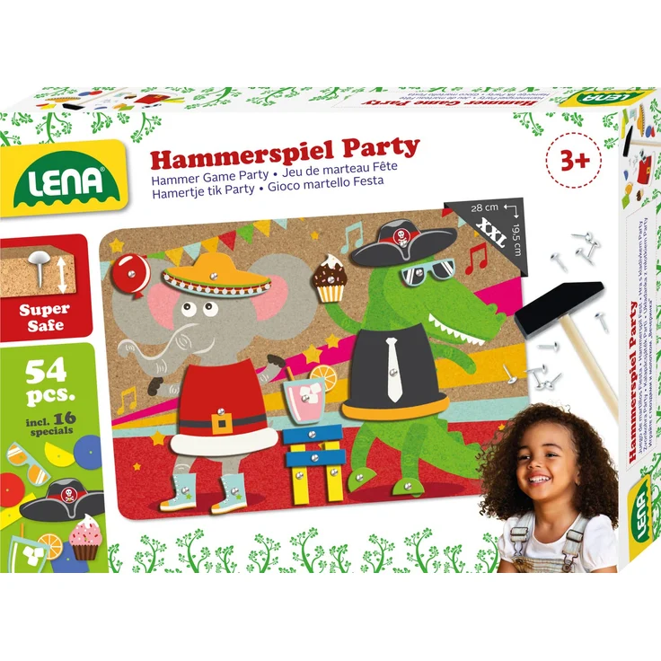 Lena 65835 - Hammerspiel Party, Nagelspiel mit 38 farbigen Teilen & 16 Sonderteile, XXL Grundplatte aus Kork ca. 28 x 19,5 cm, Hammer und Nägel, Klopfspiel für Kinder ab 3 Jahre, Hämmerchenspiel – Bild 1