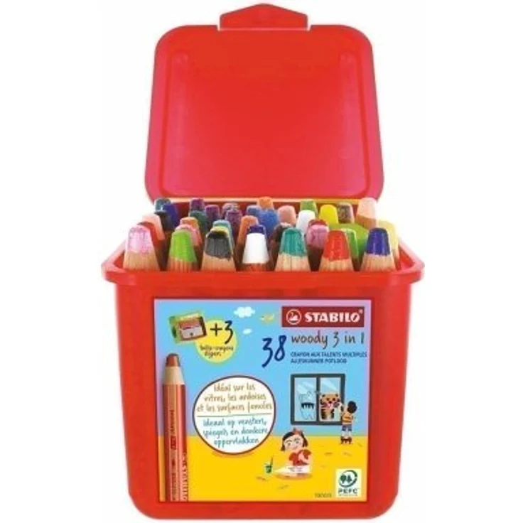 Buntstift, Wasserfarbe & Wachsmalkreide - STABILO woody 3 in 1 - 38er Pack mit Spitzer und Pinsel - mit 38 verschiedenen Farben – Bild 1
