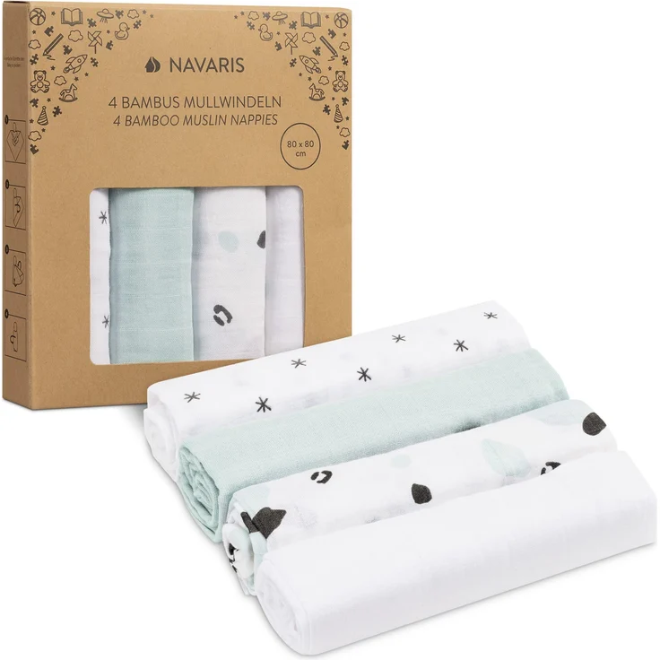 Navaris Bambus Baby Mullwindel Set - 4x Mulltuch zum Stillen Pucken Wickeln - 80x80cm Pucktuch Spucktuch Stilltuch umweltfreundlich
