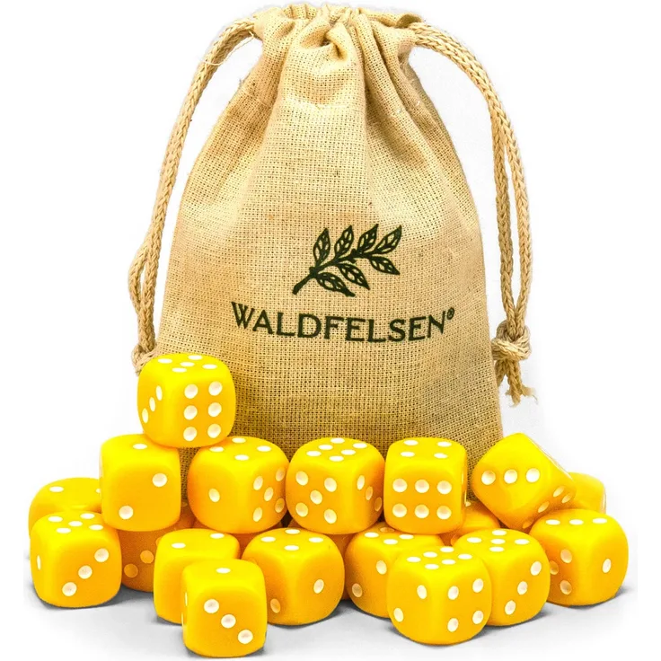6,12, 20, 30 oder 50 hochqualitative Würfel von Waldfelsen® Standardgröße 16 mm Acrylwürfel Knobel Spielwürfel Dice 6-seitig sechsseitig Spielzubehör Set mit Stoffbeutel (Gelb, 20 Stück)