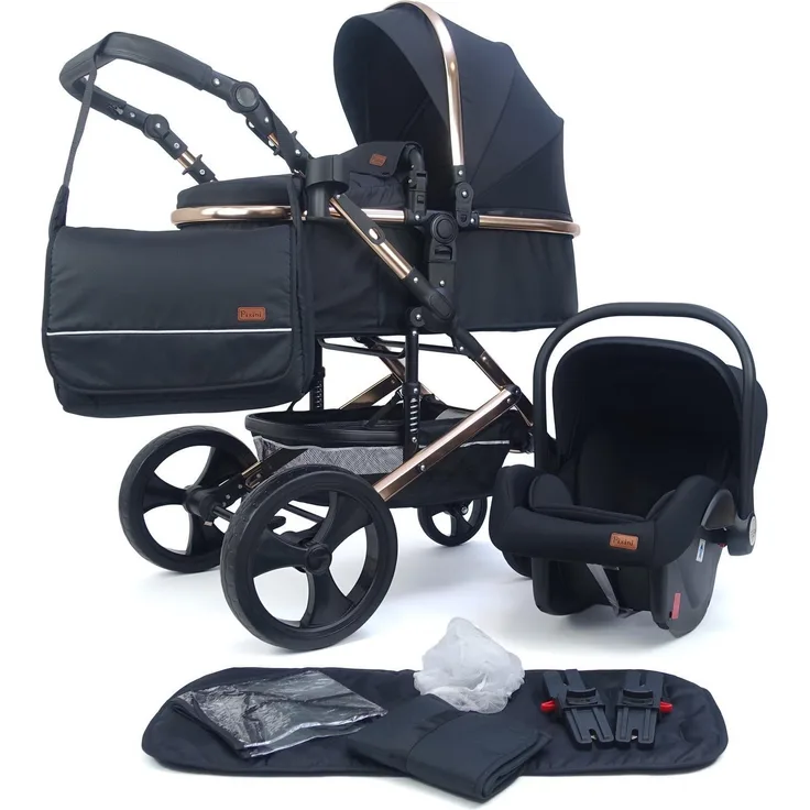 Pixini Kinderwagen Kalani 3in1 rose gold poliert / schwarz (inkl. Autositz, Regenplane, Wickeltasche,. )