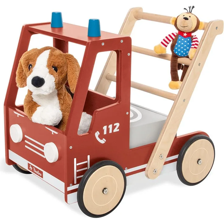 PINOLINO Lauflernwagen Feuerwehrauto Fred, mit Bremssystem, gummierten Holzrädern und herausnehmbarer Box, rot lackiert