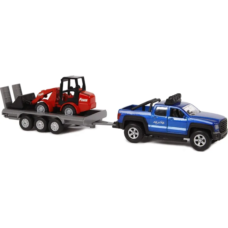 Kids Globe SUV mit Anhänger + Bagger (Licht + Sound, Geländewagen mit Rückzugsmotor, Spielzeug aus Kunststoff, Türen lassen sich öffnen) 510207