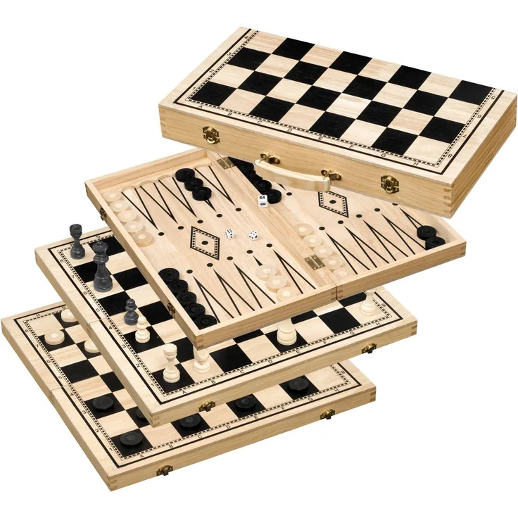 Philos 2519 - Schach-Backgammon-Dame-Set, Holz, Feld 50 mm, mit Tragegriff